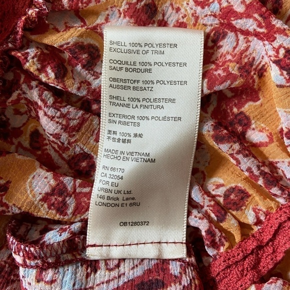 Free People Tiered Kimono Tie Front Orange Red Pattern Flowy Lightweight Blouse - Picture 12 of 14